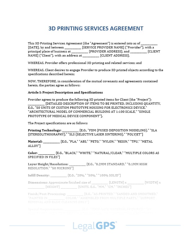 3D Printing Services Agreement IMAGE
