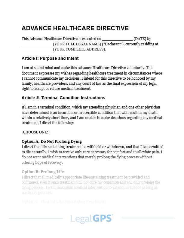 Advance Healthcare Directive Template - $35 | Legal GPS