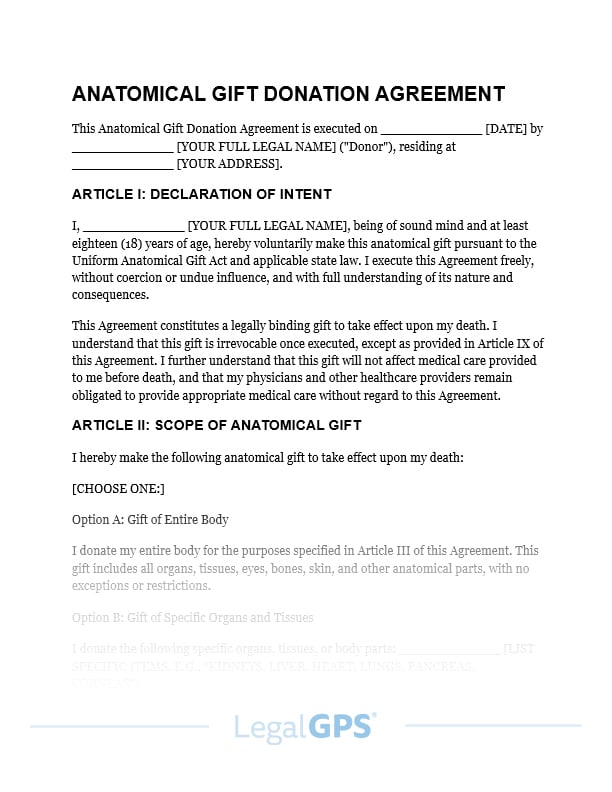 Anatomical Gift Donation Agreement IMAGE