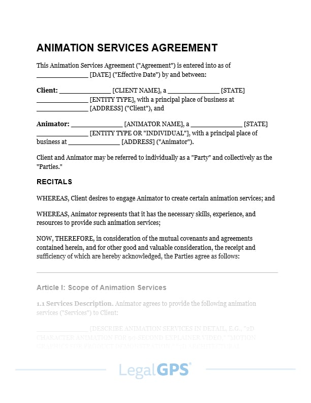 Animation Services Agreement Template - $35 | Legal GPS