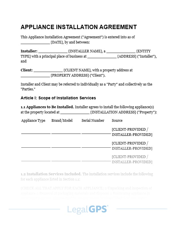 Appliance Installation Agreement IMAGE