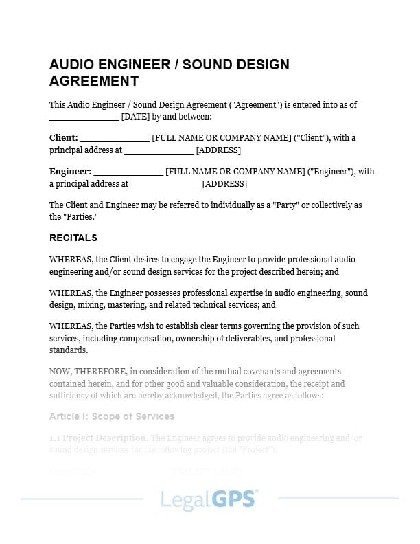 Audio Engineer or Sound Design Agreement IMAGE