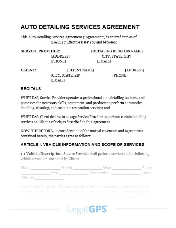 Auto Detailing Services Agreement IMAGE