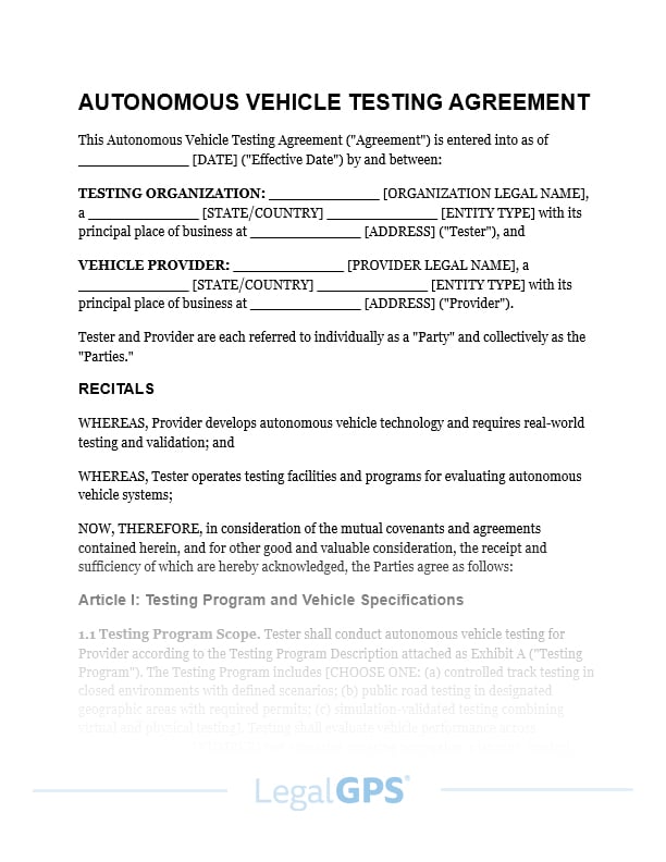 Autonomous Vehicle Testing Agreement IMAGE