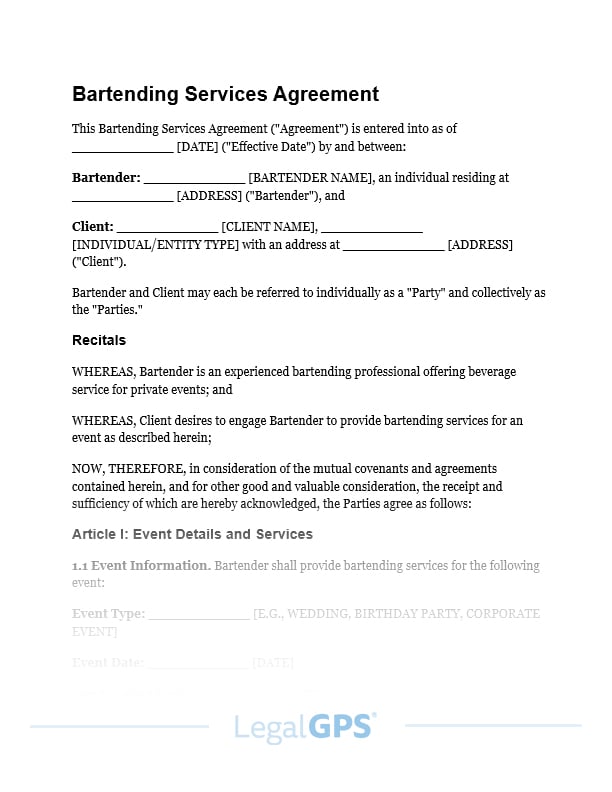 Bartending Services Agreement IMAGE