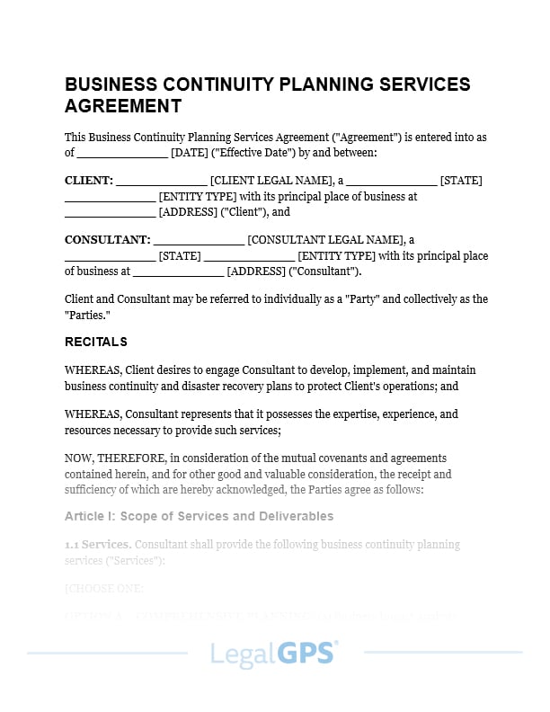 Business Continuity Planning Services Agreement IMAGE