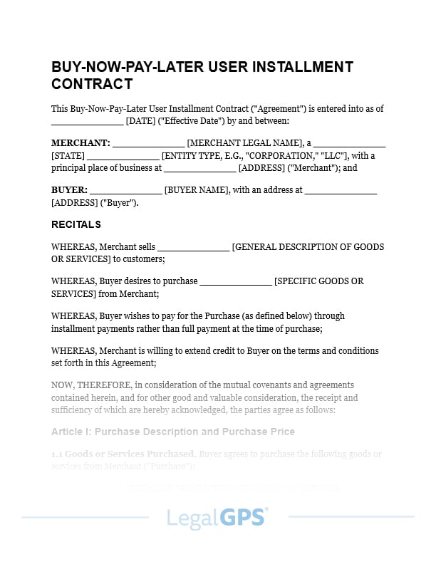 Buy-Now-Pay-Later User Installment Contract IMAGE