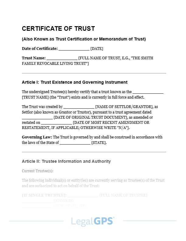Certificate of Trust (Trust Certification) IMAGE