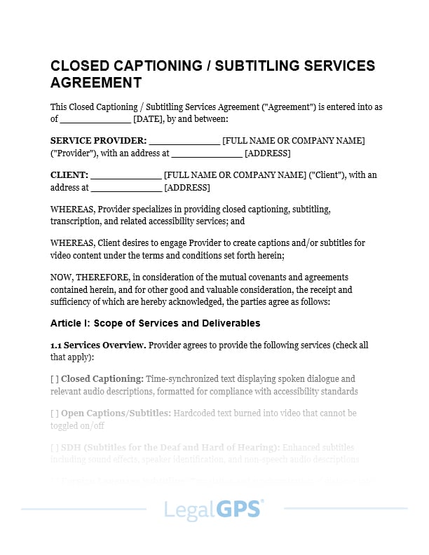 Closed Captioning or Subtitling Services Agreement IMAGE