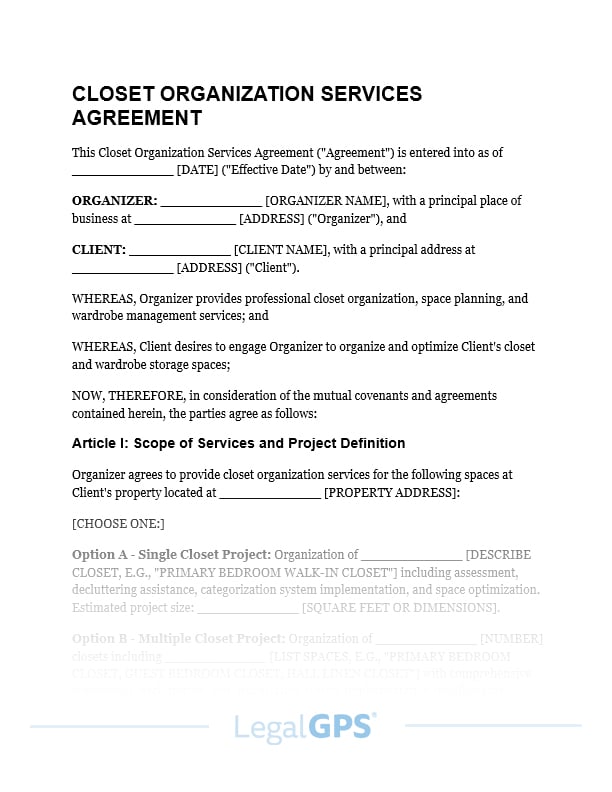 Closet Organization Services Agreement IMAGE