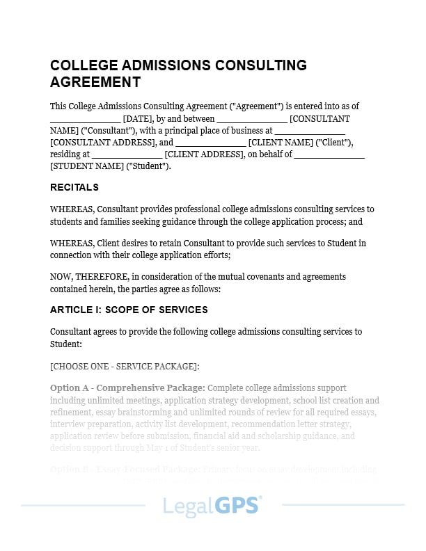 College Admissions Consulting Agreement IMAGE
