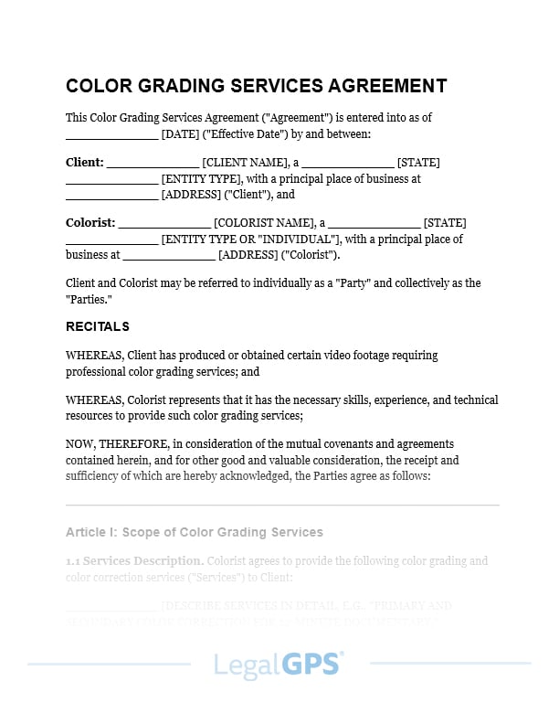 Color Contract Example Color Grading Services Agreement Template - $35 | Legal GPS