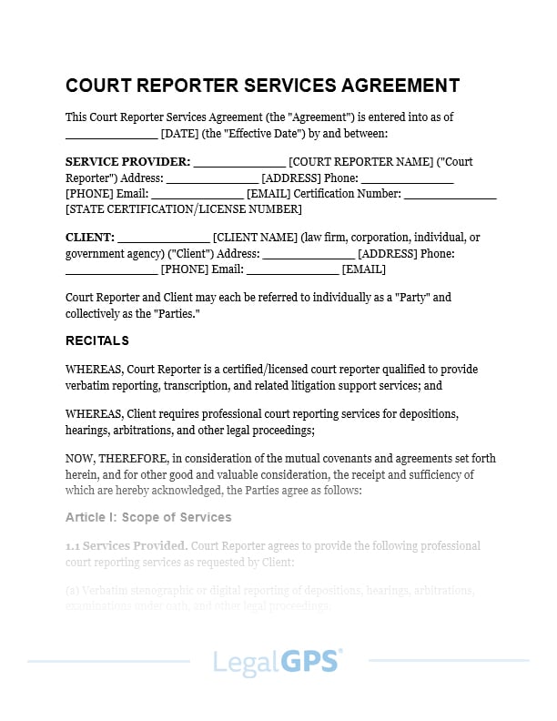 Court Reporter Services Agreement IMAGE