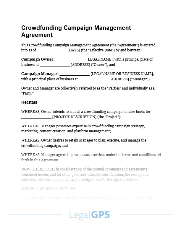 Crowdfunding Campaign Management Agreement IMAGE