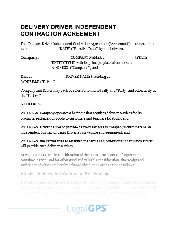Delivery Driver Independent Contractor Agreement IMAGE