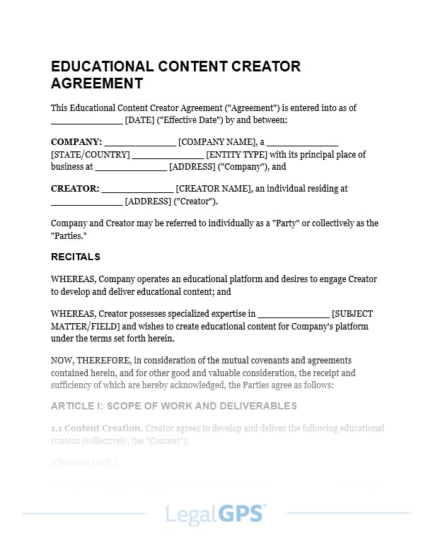 Educational Content Creator Agreement (online courses or webinars) IMAGE