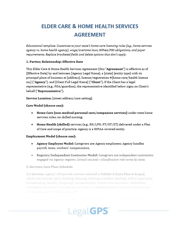 Elder Care and Home Health Services Agreement IMAGE