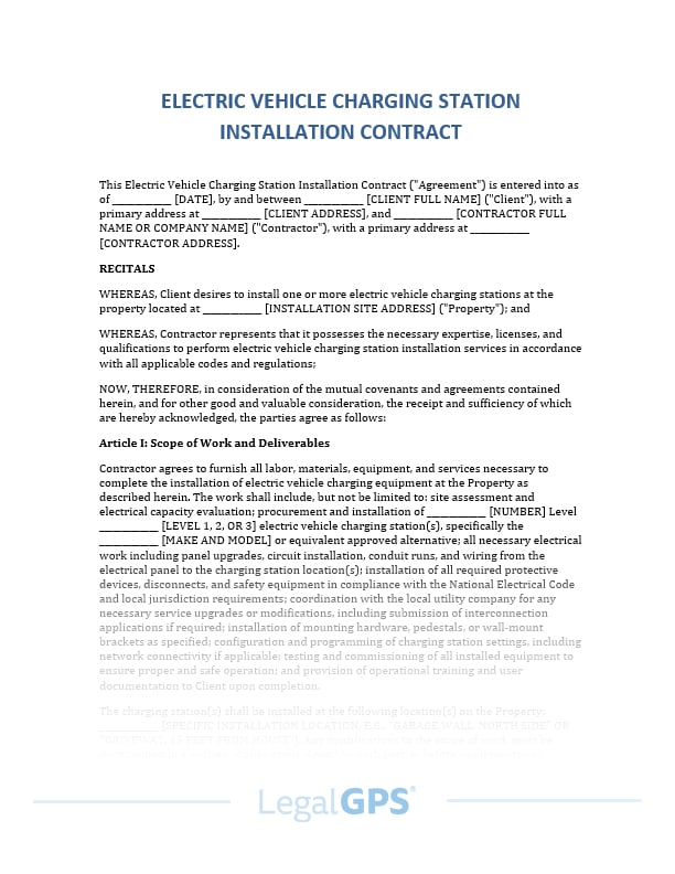 Electric Vehicle (EV) Charging Installation Contract IMAGE