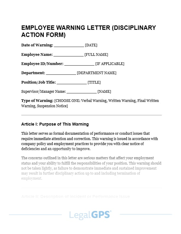 Employee Warning Letter (Disciplinary Action Form) IMAGE
