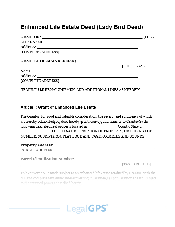 Enhanced Life Estate Deed (Lady Bird Deed) Template - $35 | Legal GPS