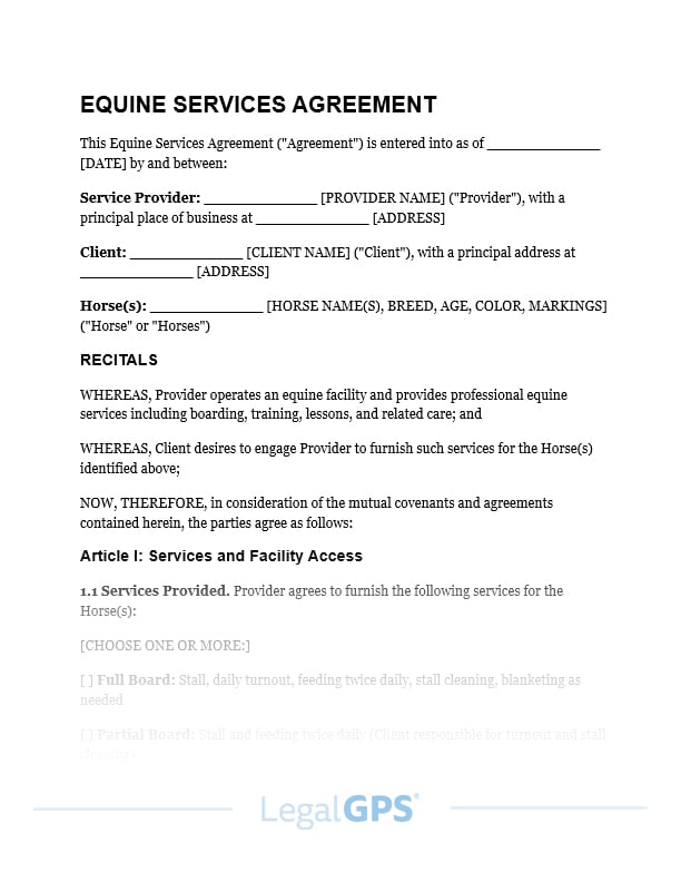 Equine Services Agreement (horse boarding or training) IMAGE