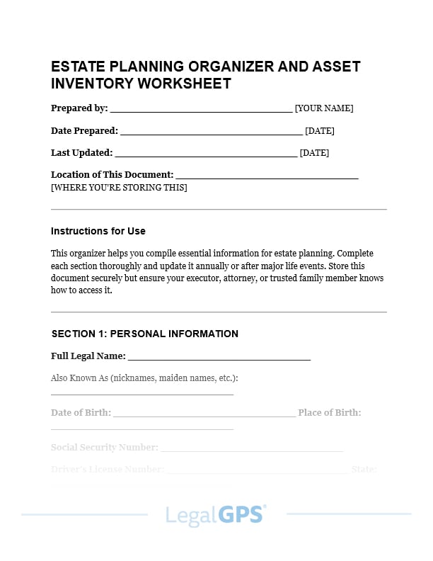 Estate Planning Organizer and Asset Inventory Worksheet IMAGE