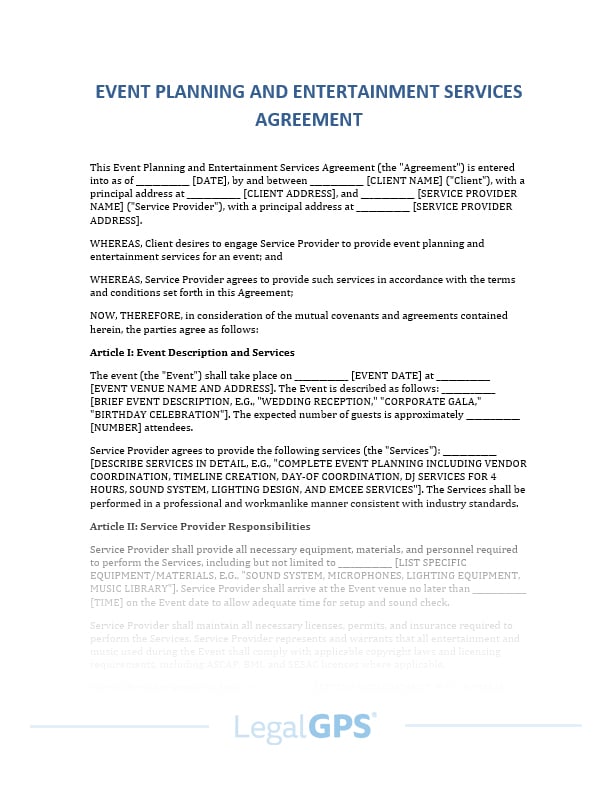 Event Planning and Entertainment Services Agreement IMAGE