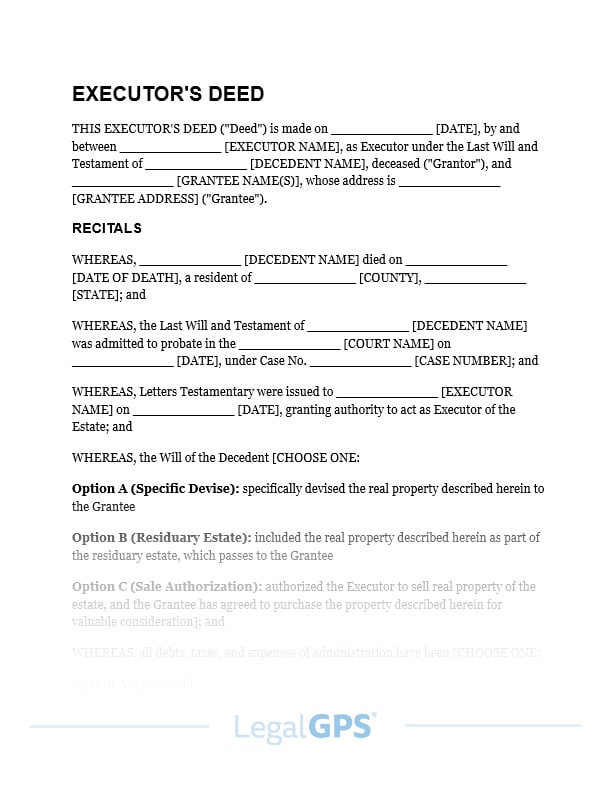 Executor's Deed Template - $35 | Legal GPS