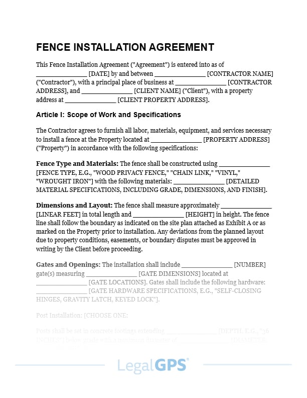 Fence Installation Agreement IMAGE