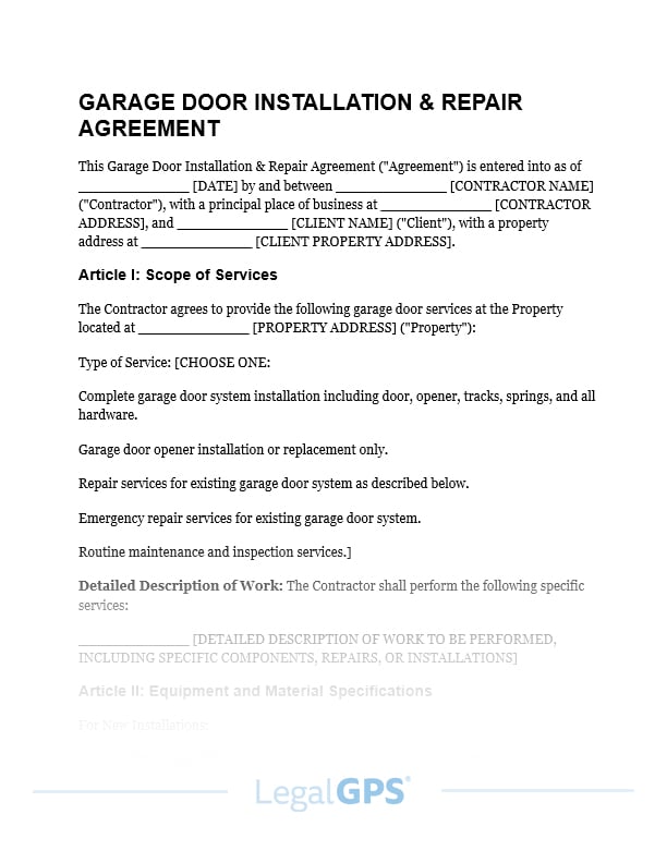 Garage Door Installation & Repair Agreement IMAGE
