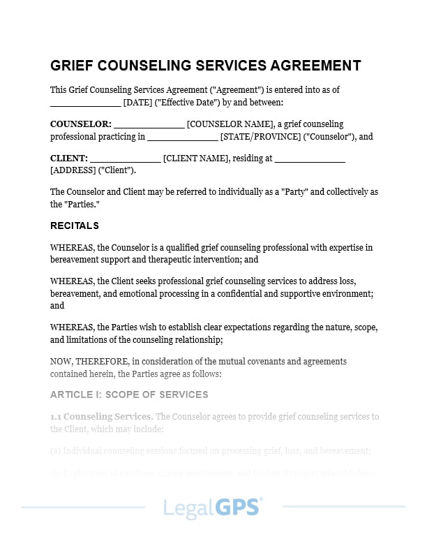 Grief Counseling Services Agreement IMAGE