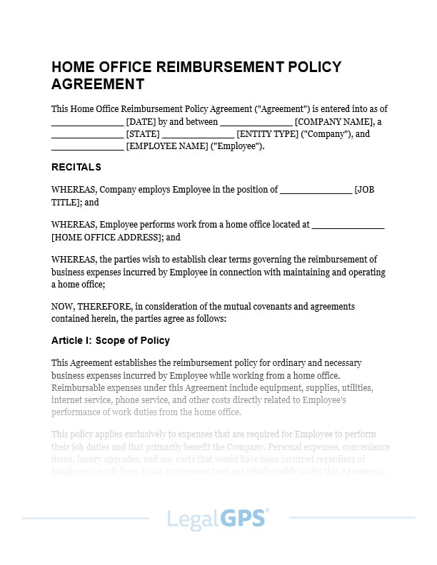 Home Office Reimbursement Policy Agreement IMAGE
