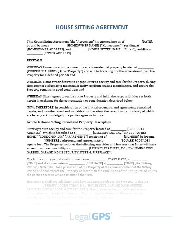 House Sitting Agreement IMAGE