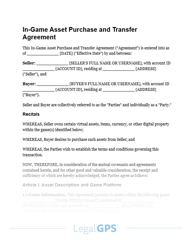 In-Game Asset Purchase and Transfer Agreement IMAGE