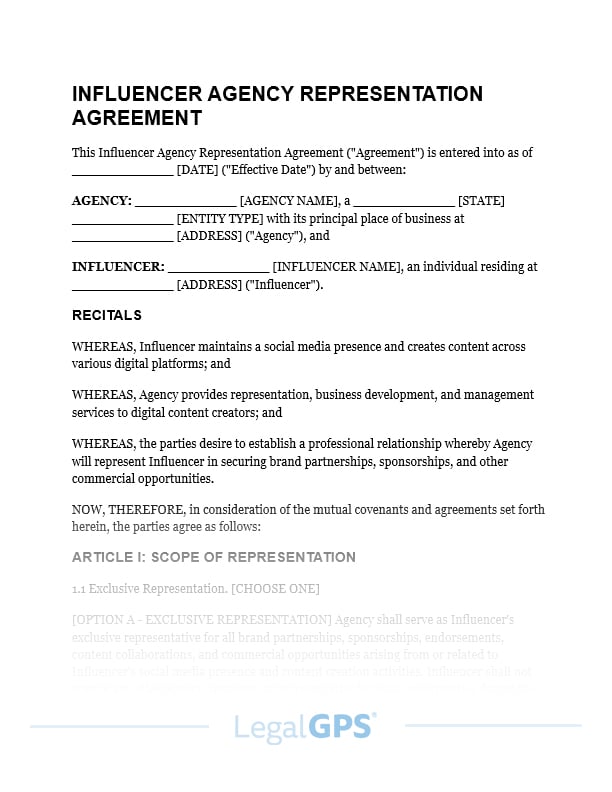 Influencer Agency Representation Agreement IMAGE