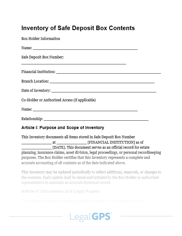 Inventory of Safe Deposit Box Contents IMAGE