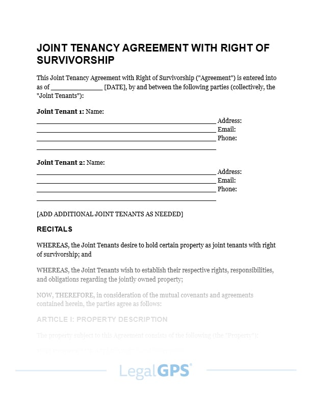 Joint Tenancy Agreement with Right of Survivorship IMAGE