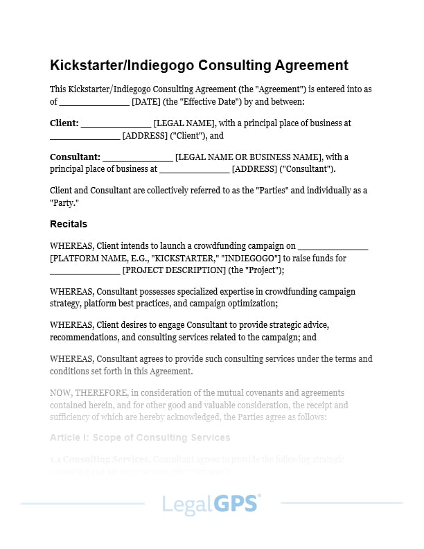 Kickstarter or Indiegogo Consulting Agreement IMAGE