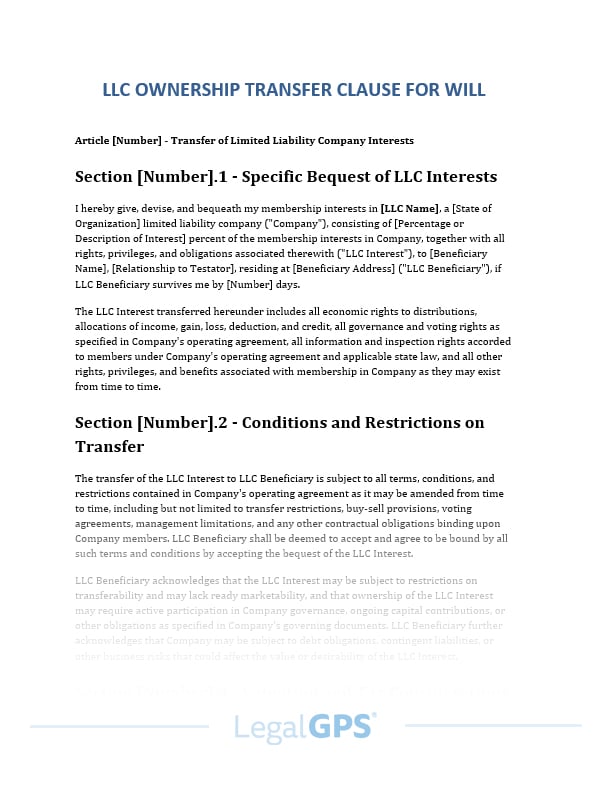 LLC Ownership Transfer Clause for Will IMAGE