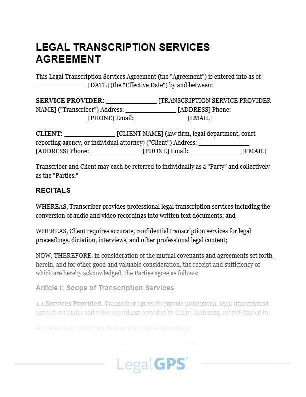 Legal Transcription Services Agreement IMAGE