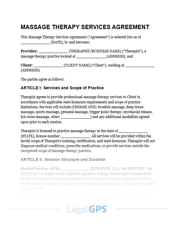Massage Therapy Services Agreement IMAGE