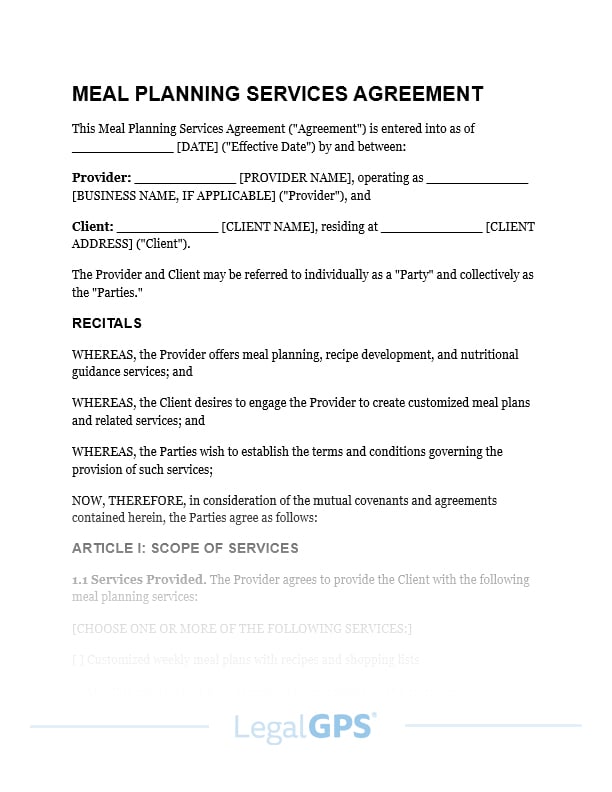 Meal Planning Services Agreement IMAGE