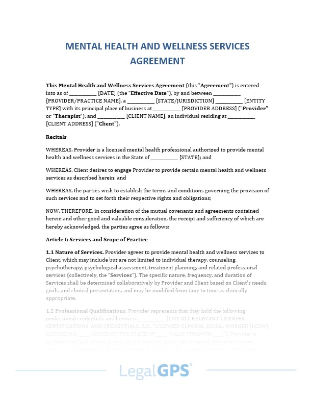 Mental Health and Wellness Services Agreement IMAGE