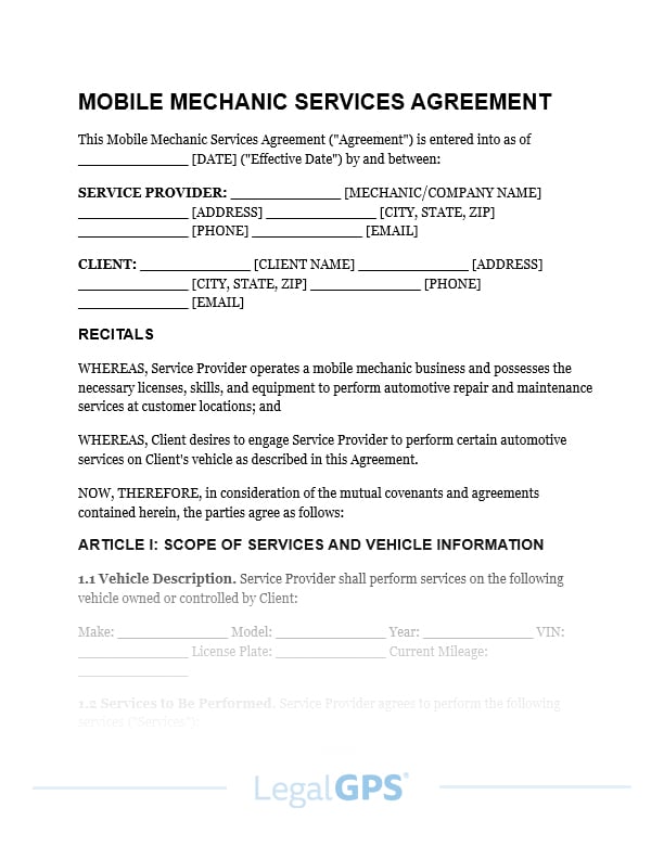 Mobile Mechanic Services Agreement IMAGE