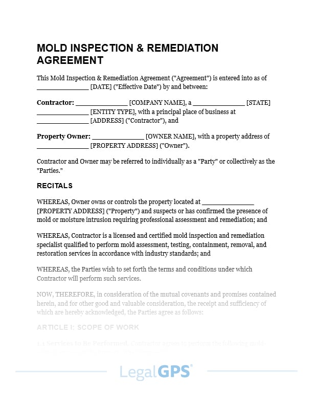 Mold Inspection & Remediation Agreement IMAGE