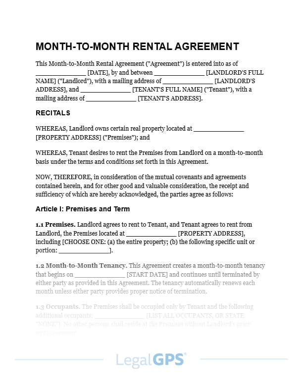 Month-to-Month Rental Agreement IMAGE