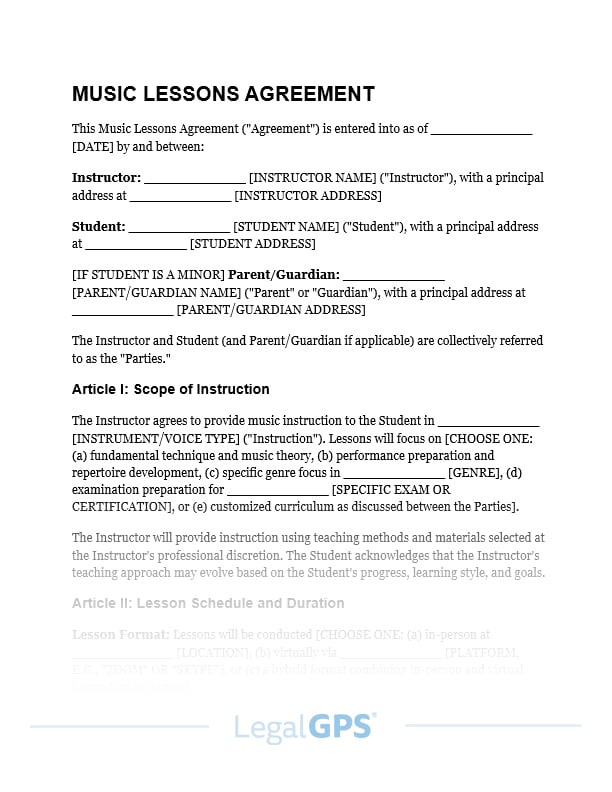 Music Lessons Agreement IMAGE