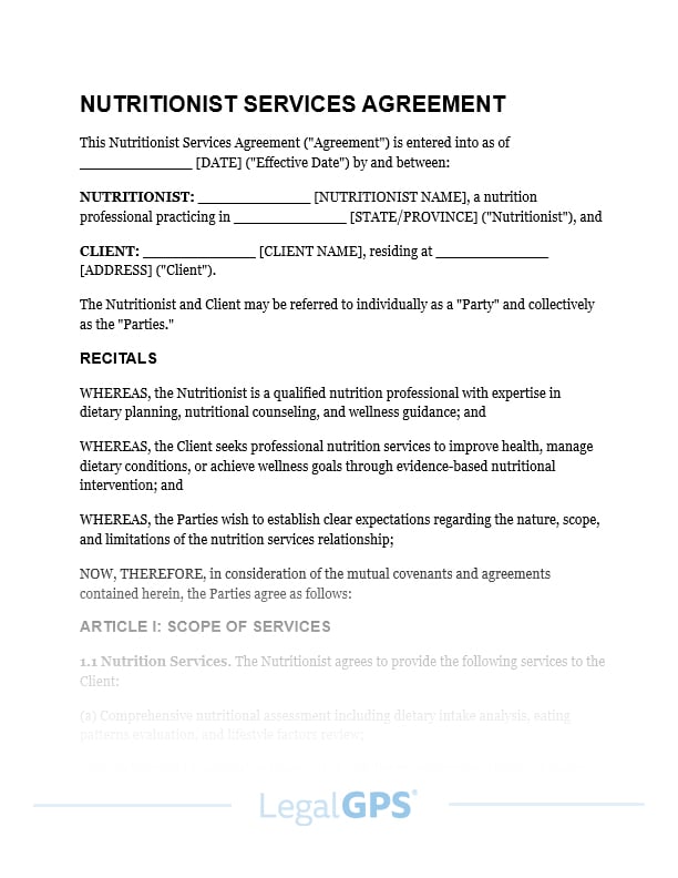 Nutritionist Services Agreement IMAGE