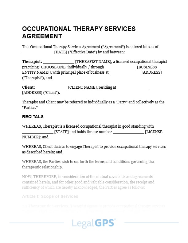 Occupational Therapy Services Agreement IMAGE