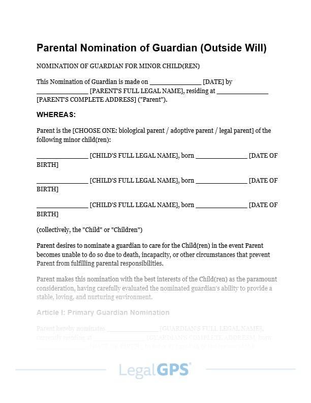 Parental Nomination of Guardian (Outside Will) IMAGE
